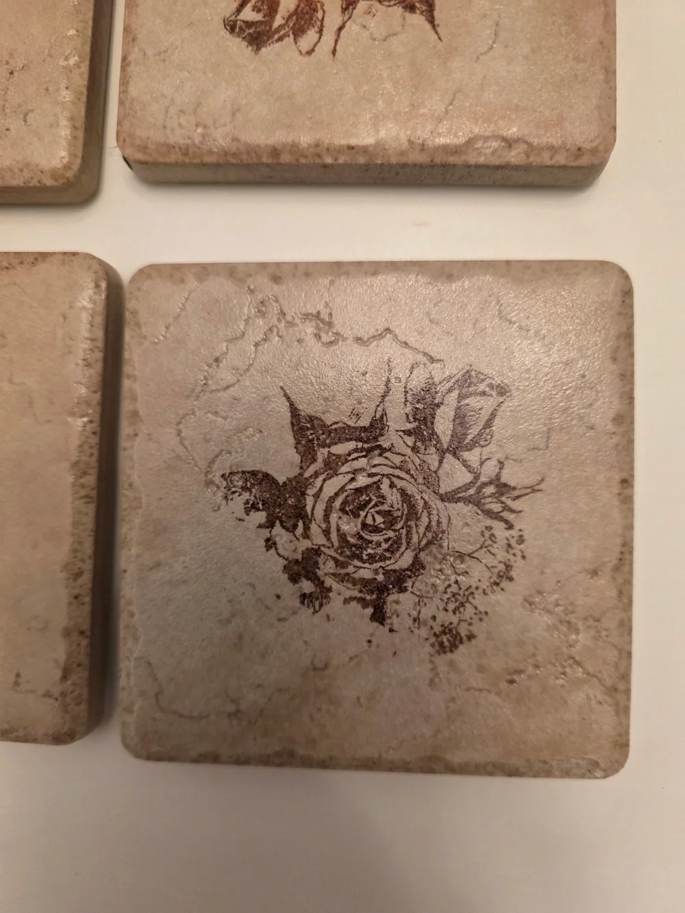 Set of 4 Floral Stone Coasters - Beige with Brown Rose Print